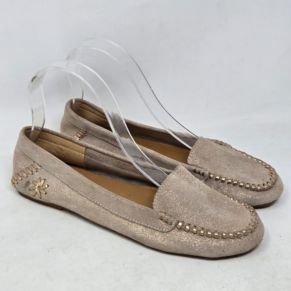 Jack Rogers Metallic Suede Driving Loafers Tan Champagne Flats Womens 6.5M